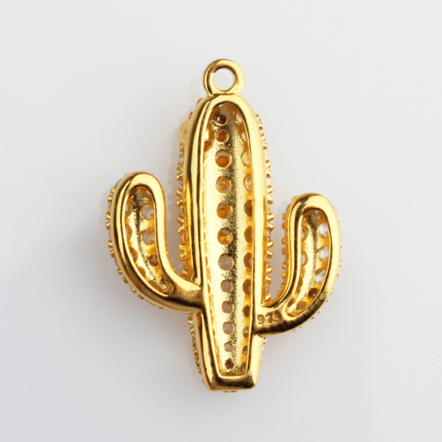 925 Sterling Silver Cubic Zirconia Hammer Surface Cactus Charm