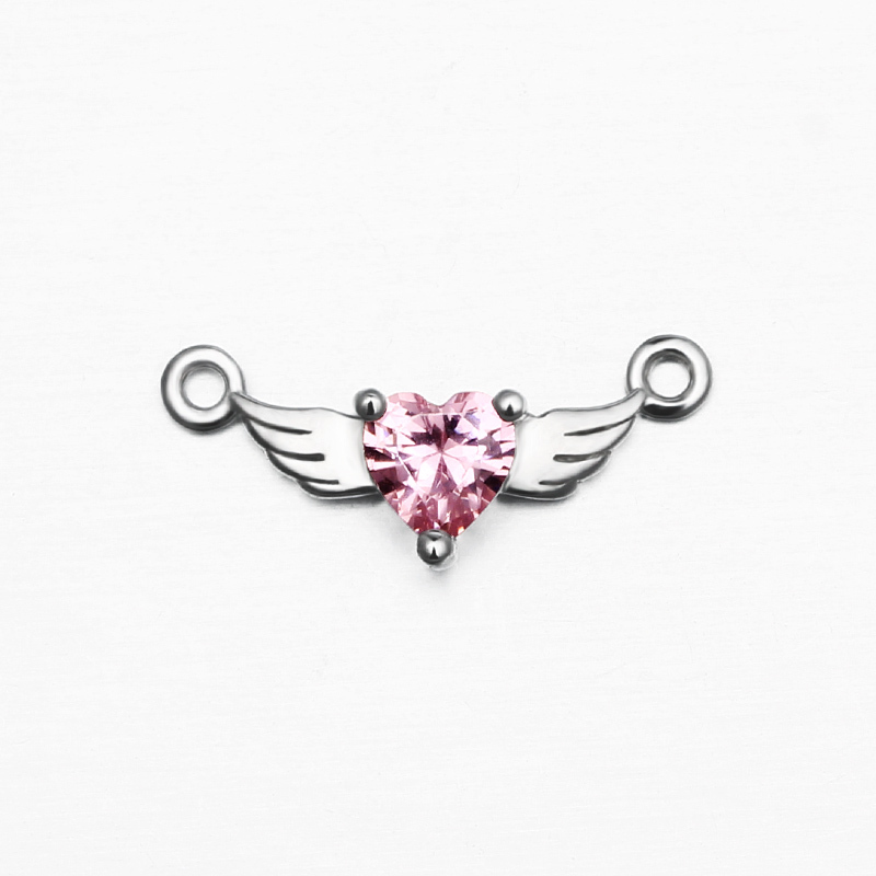 925 Sterling Silver Angel Wing With Heart Stone Charm