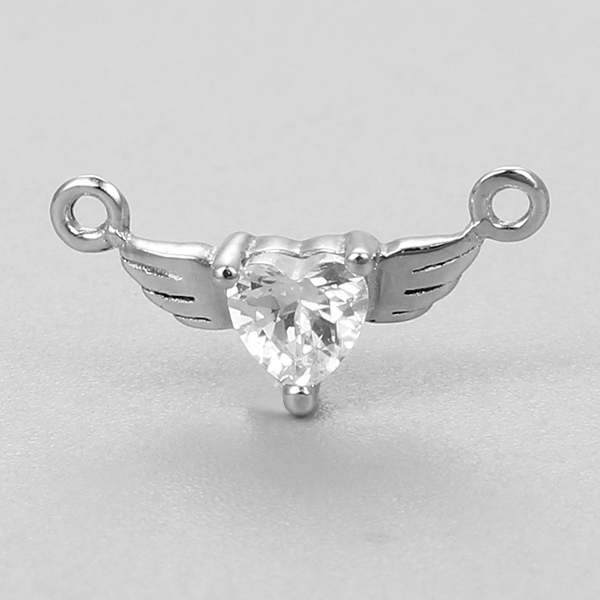 925 Sterling Silver Angel Wing With Heart Stone Charm