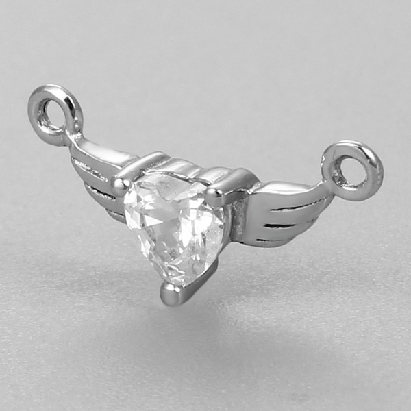 925 Sterling Silver Angel Wing With Heart Stone Charm