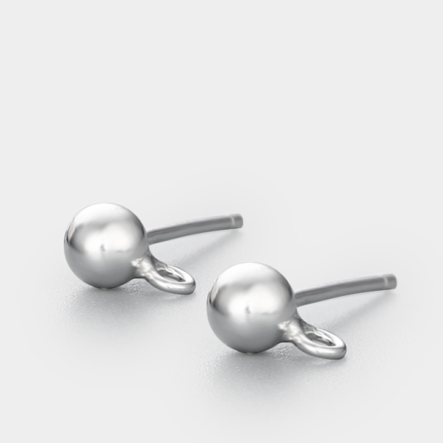 925 Sterling Silver Round  Ball Stud Earring Findings with Loop