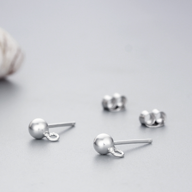 925 Sterling Silver Round  Ball Stud Earring Findings with Loop