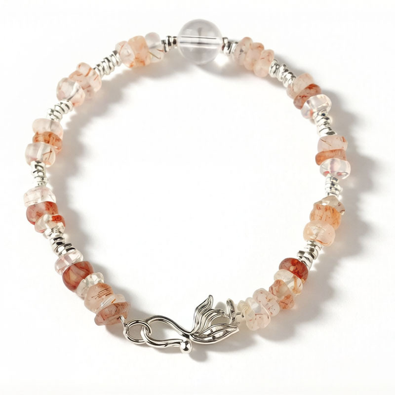 Red Rutilated Quartz & Clear Quartz Beaded Bracelet with 925 Silver Fish Hook Clasp