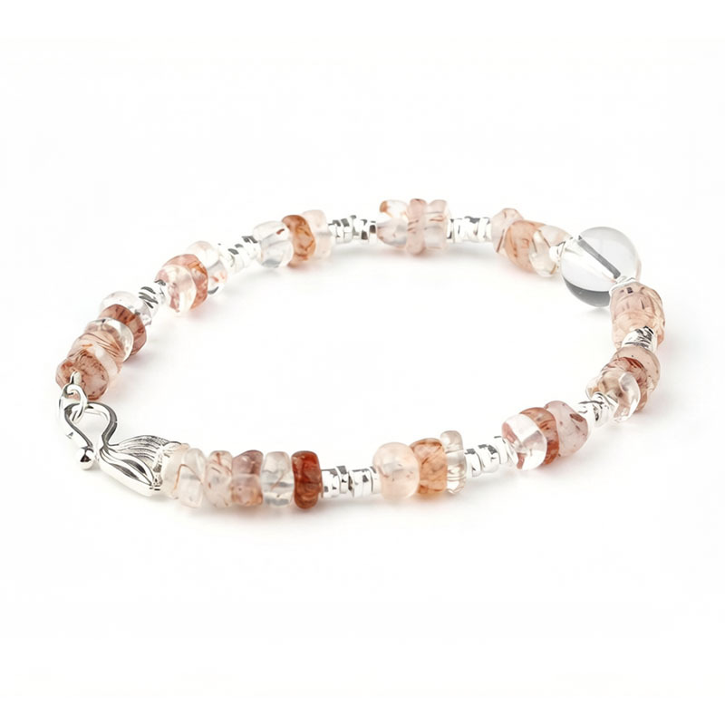 Red Rutilated Quartz & Clear Quartz Beaded Bracelet with 925 Silver Fish Hook Clasp