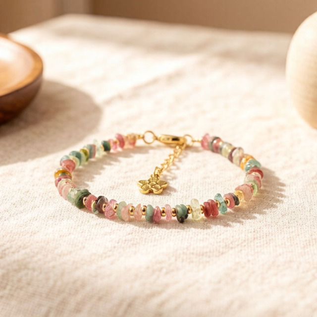 Natural Tourmaline Chip Beaded Bracelet with Gold Plated Clasp