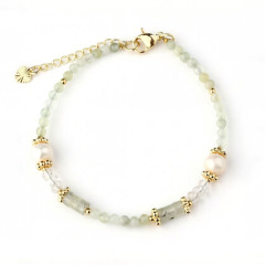 Prehnite,Clear Quartz & Freshwater Pearl Beaded Bracelet