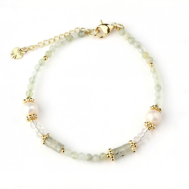 Prehnite,Clear Quartz & Freshwater Pearl Beaded Bracelet