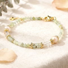 Prehnite,Clear Quartz & Freshwater Pearl Beaded Bracelet