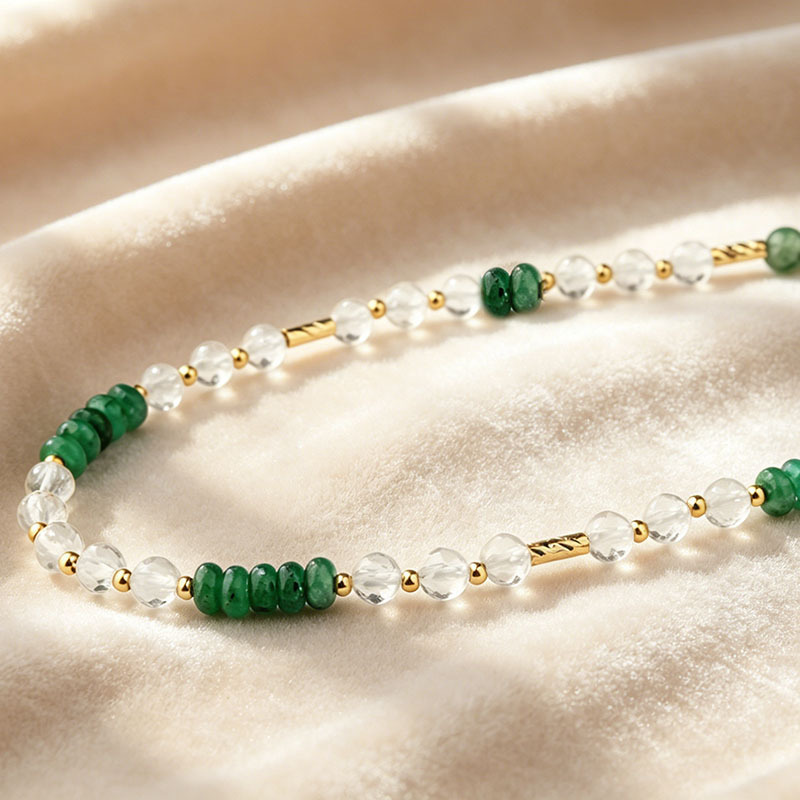Natural Green Chalcedony, Clear Quartz & Green Aventurine Beaded Necklace