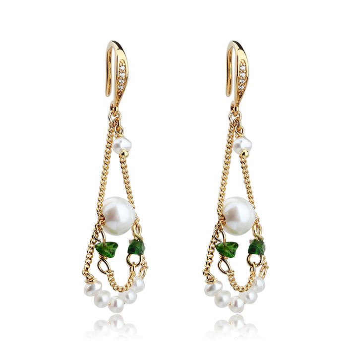 925 Sterling Silver Curb Chain Pearl Earrings Hook With Gemstone