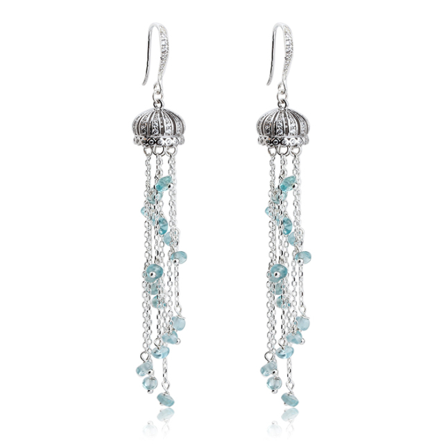 925 Sterling Silver Luxury Crown Gemsotne Tassel Earrings Hook