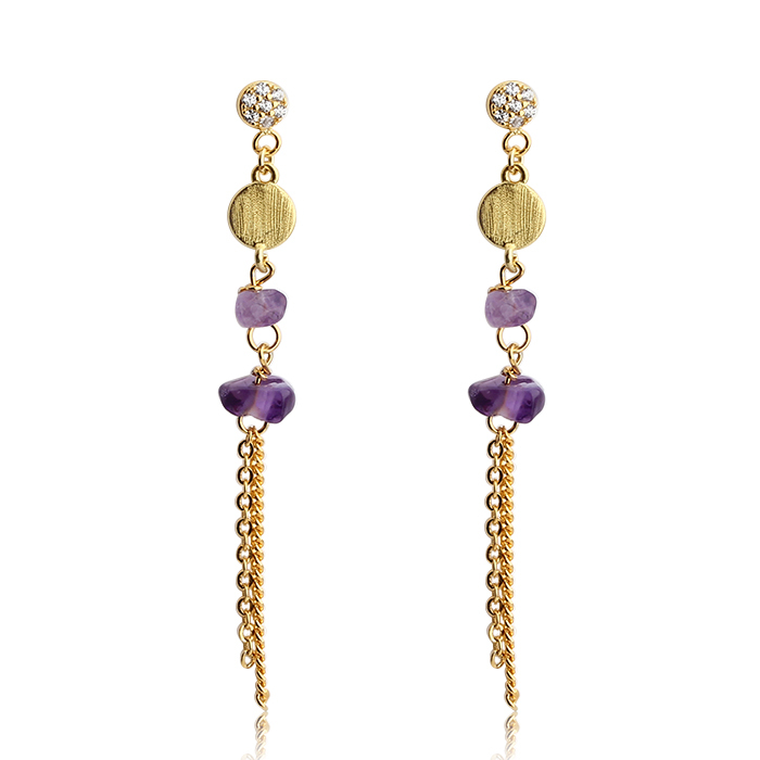 925 Sterling Silver Brushed Coin With Amethyst Tassel Earring Stud