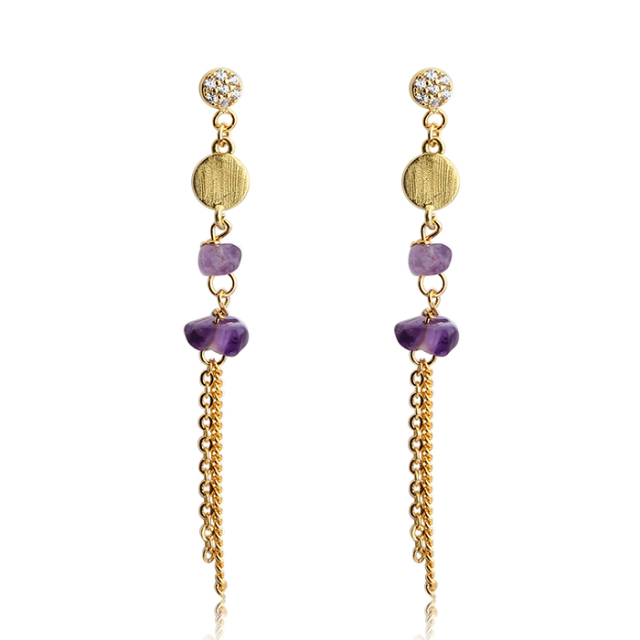 925 Sterling Silver Brushed Coin With Amethyst Tassel Earring Stud