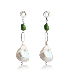 925 Sterling Silver Long Link Chain Gemstone&Amp; Baroque Pearl Trendy Earring Stud