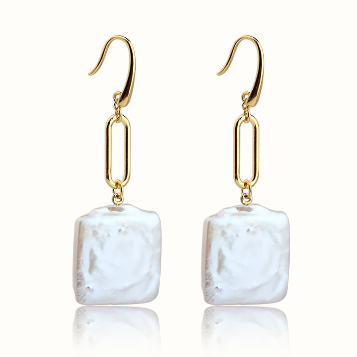925 Sterling Silver Long Link Suqare Baroque Pearl Earring Hook