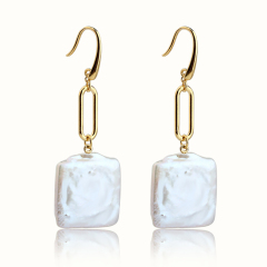 925 Sterling Silver Long Link Suqare Baroque Pearl Earring Hook