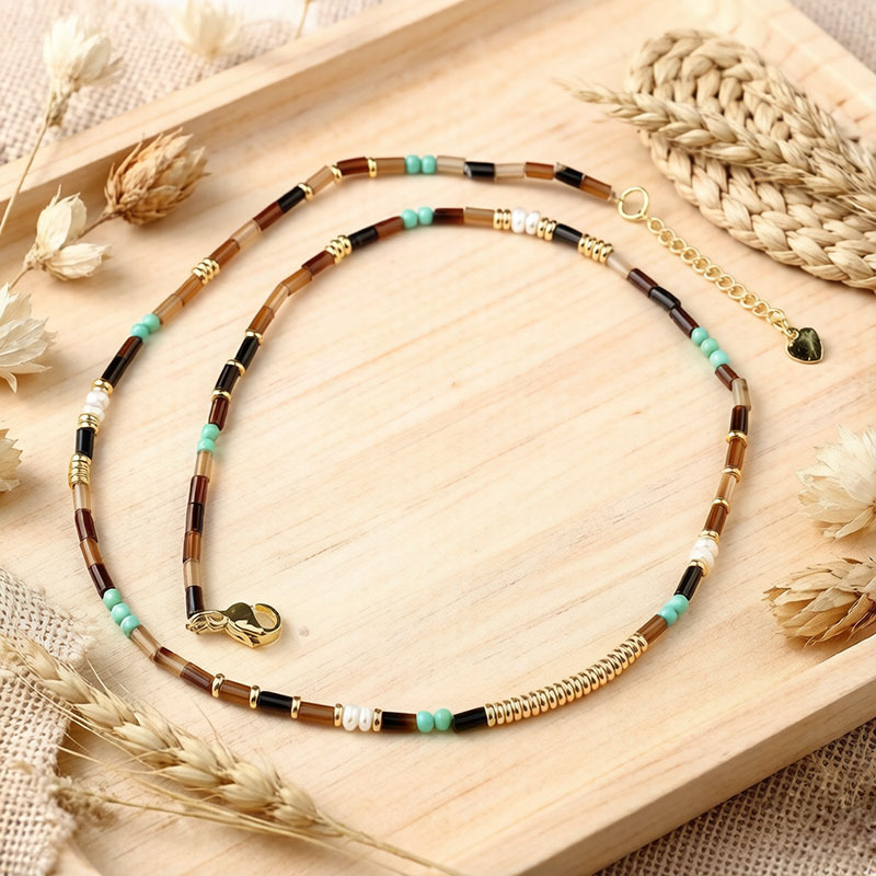 Tiger's Eye & Turquoise & Pearl Beaded Necklace