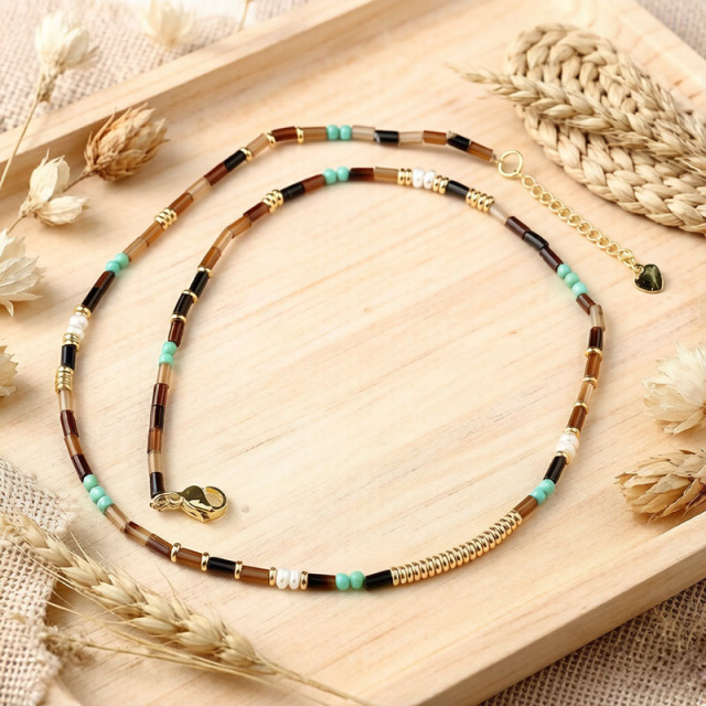 Tiger's Eye & Turquoise & Pearl Beaded Necklace