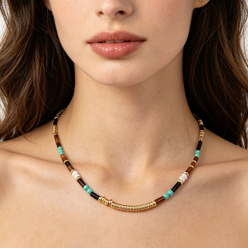 Tiger's Eye & Turquoise & Pearl Beaded Necklace