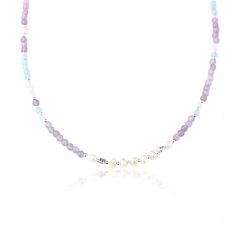 Multi Gemstone Beaded Necklace with Amethyst & Aquamarine & Pearl