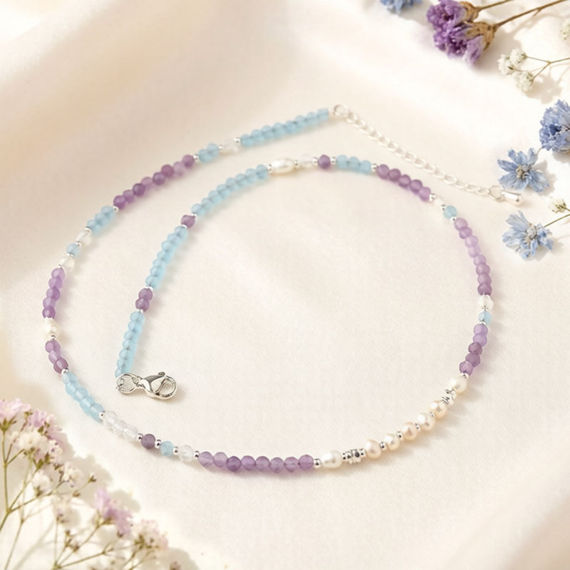 Multi Gemstone Beaded Necklace with Amethyst & Aquamarine & Pearl
