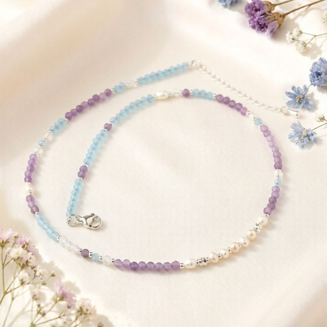 Multi Gemstone Beaded Necklace with Amethyst & Aquamarine & Pearl