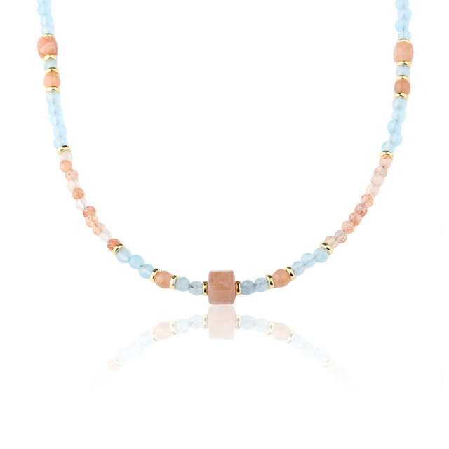 Natural Aquamarine & Sunstone Beaded Necklace