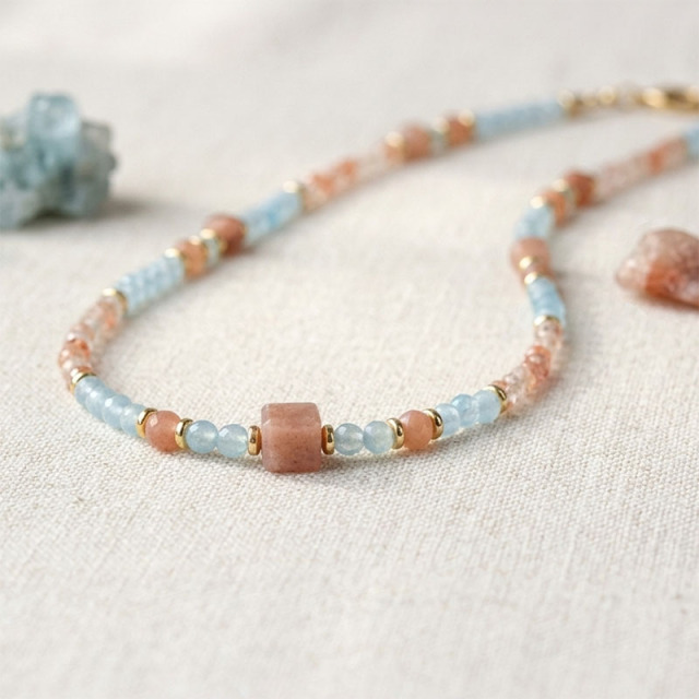 Natural Aquamarine & Sunstone Beaded Necklace