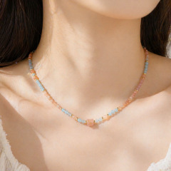 Natural Aquamarine & Sunstone Beaded Necklace