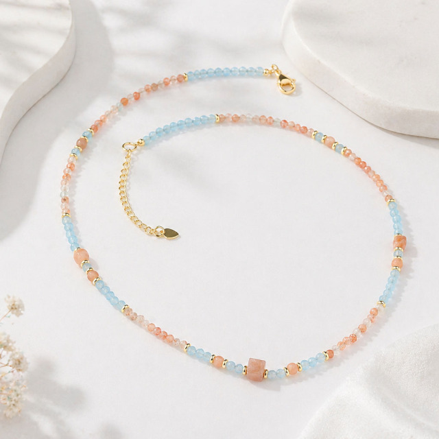 Natural Aquamarine & Sunstone Beaded Necklace