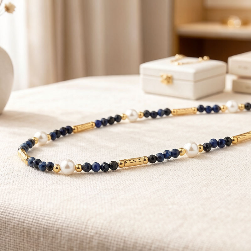 Natural Lolite & Pearl Beaded Necklace