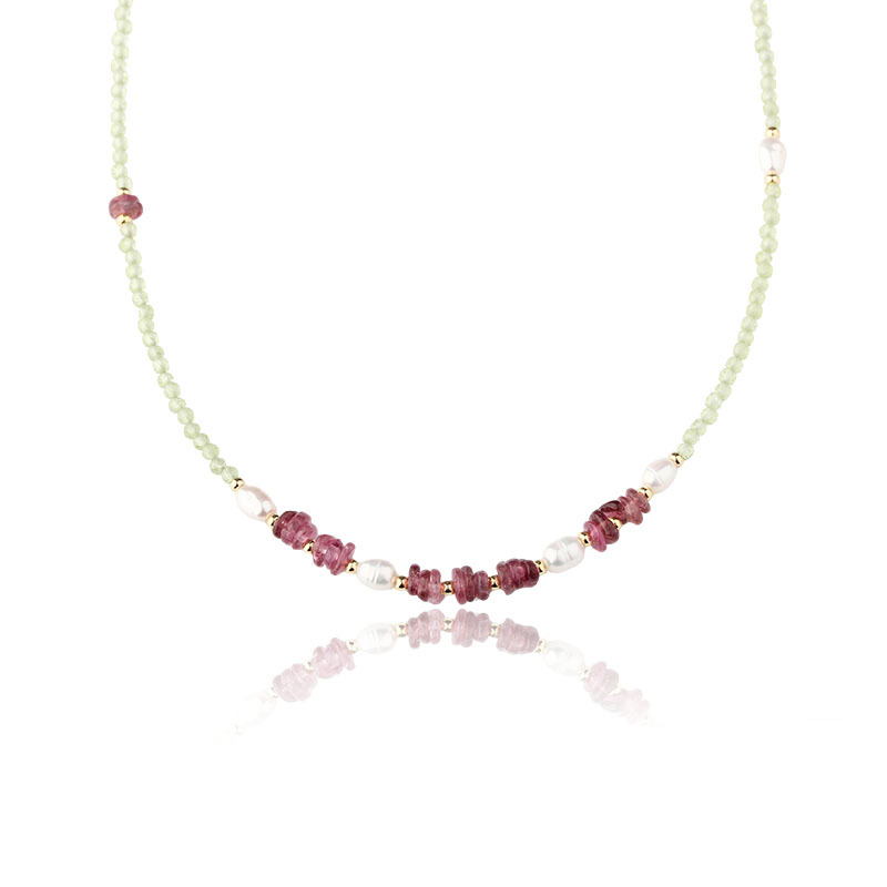 Natural Peridot & Pink Tourmaline & Pearl Beaded Necklace
