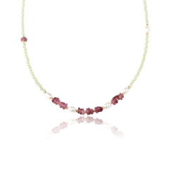 Natural Peridot & Pink Tourmaline & Pearl Beaded Necklace