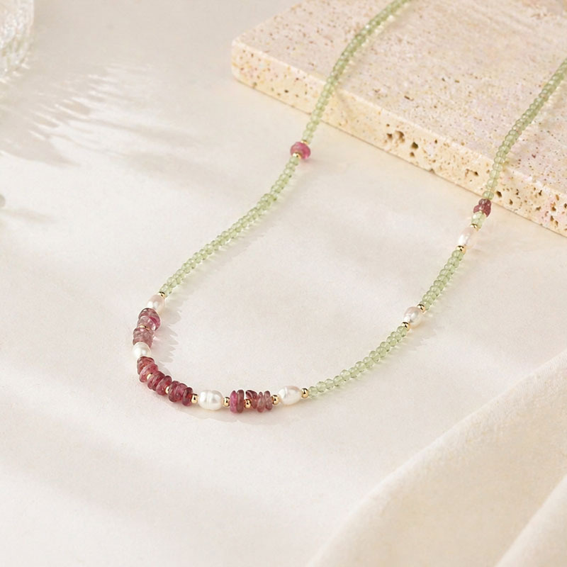 Natural Peridot & Pink Tourmaline & Pearl Beaded Necklace