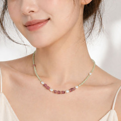 Natural Peridot & Pink Tourmaline & Pearl Beaded Necklace