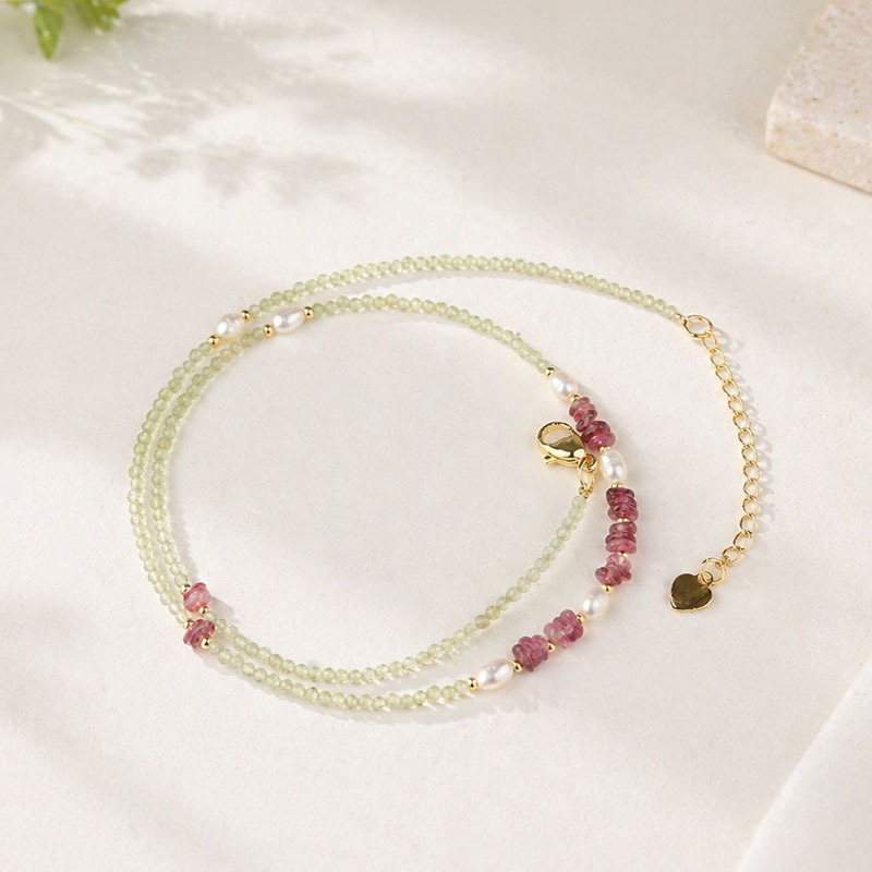 Natural Peridot & Pink Tourmaline & Pearl Beaded Necklace