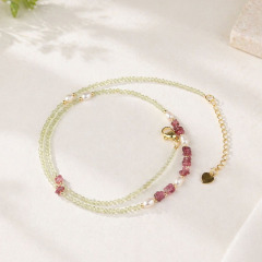 Natural Peridot & Pink Tourmaline & Pearl Beaded Necklace