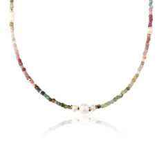 Natural Multi-color Tourmaline & Pearl Beaded Necklace