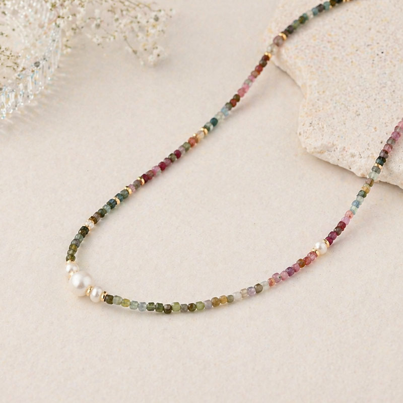 Natural Multi-color Tourmaline & Pearl Beaded Necklace