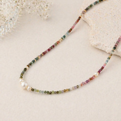 Natural Multi-color Tourmaline & Pearl Beaded Necklace