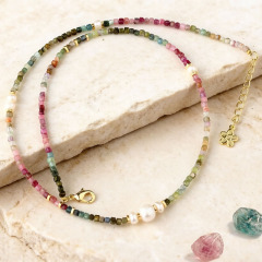 Natural Multi-color Tourmaline & Pearl Beaded Necklace