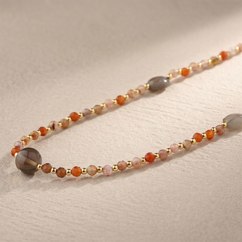 Natural Smoky Quartz & Sunstone Beaded Necklace