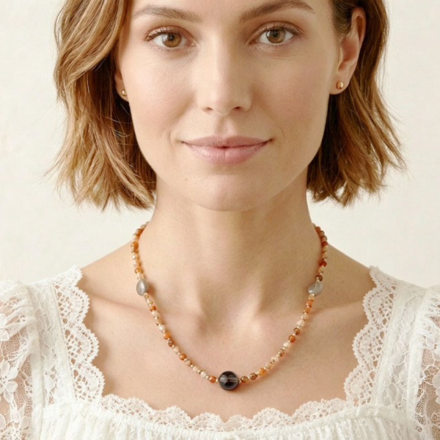 Natural Smoky Quartz & Sunstone Beaded Necklace