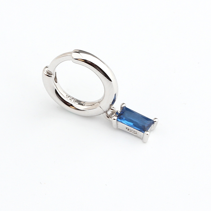 925 Sterling Silver Blue Baguette Hanging Hoop Earrings