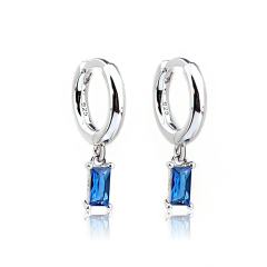 925 Sterling Silver Blue Baguette Hanging Hoop Earrings