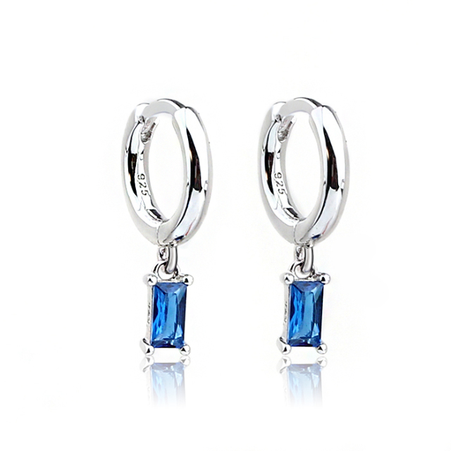 925 Sterling Silver Blue Baguette Hanging Hoop Earrings
