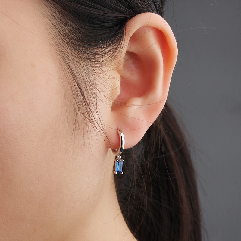 925 Sterling Silver Blue Baguette Hanging Hoop Earrings