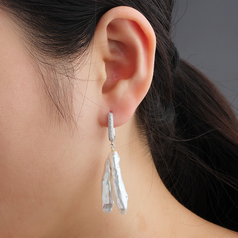 925 Sterling Silver Huggie Hoop Irregular Baroque Pearl Earrings