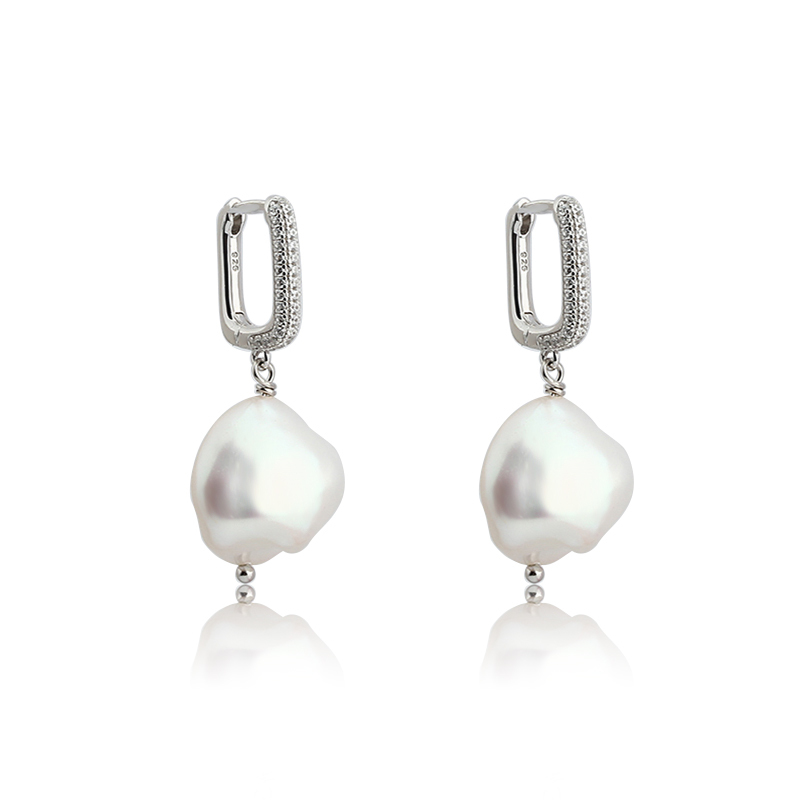 925 Sterling Silver Baroque Pearl With CZ Hoop Earrings