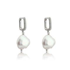925 Sterling Silver Baroque Pearl With CZ Hoop Earrings